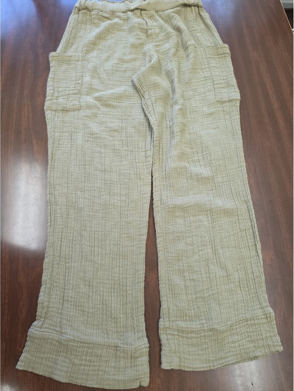 Deja Bleu Premium 100% Cotton Gauze Wide Leg Pants Olive Beige Boho Coastal M